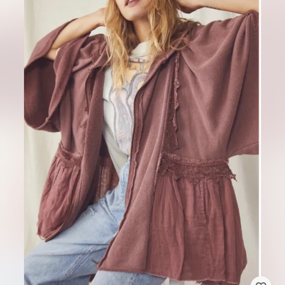 Free People Hey Girl Lace Inset Peplum Ruffles Hoodie Full Zip Slouchy Jacket